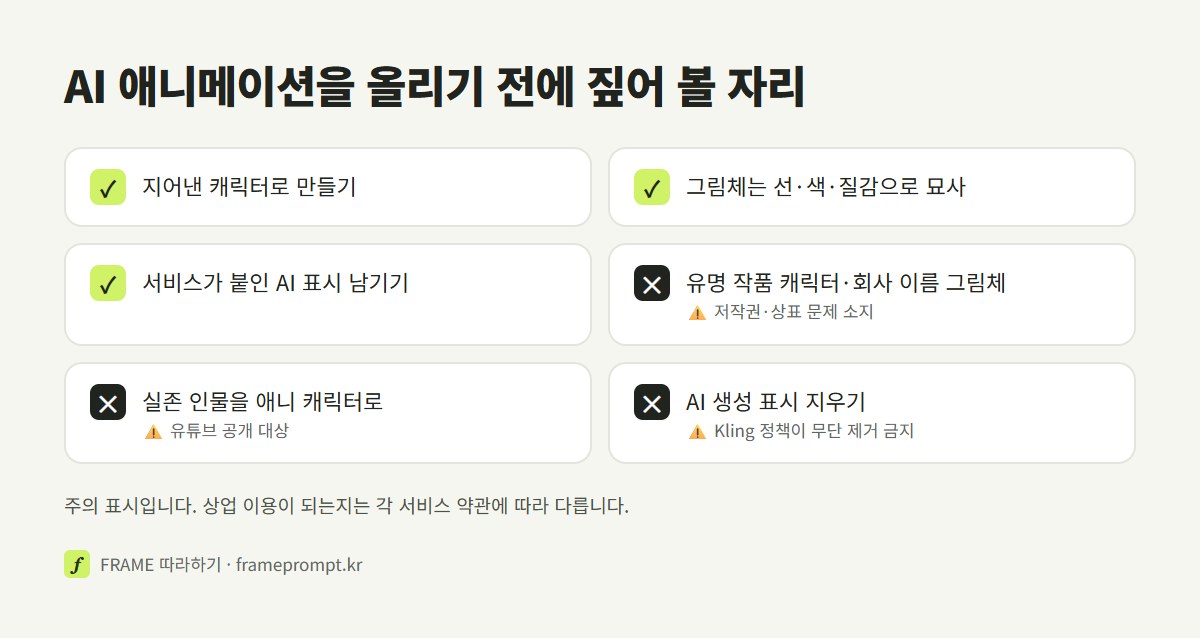 AI 애니메이션을 올리기 전에 할 것과 하지 말 것을 표시한 확인 목록