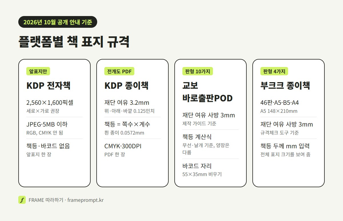 KDP 전자책, KDP 종이책, 교보문고 바로출판POD, 부크크 종이책의 표지 크기, 재단 여유, 책등, 파일 형식을 나란히 비교한 그림