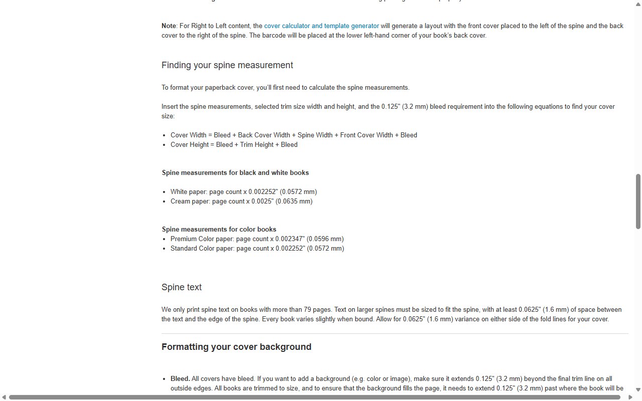 Amazon KDP 종이책 표지 만들기 도움말 공식 페이지에서 표지 크기 계산식과 책등 두께 계수, 재단 여유 0.125인치 안내가 보이는 화면