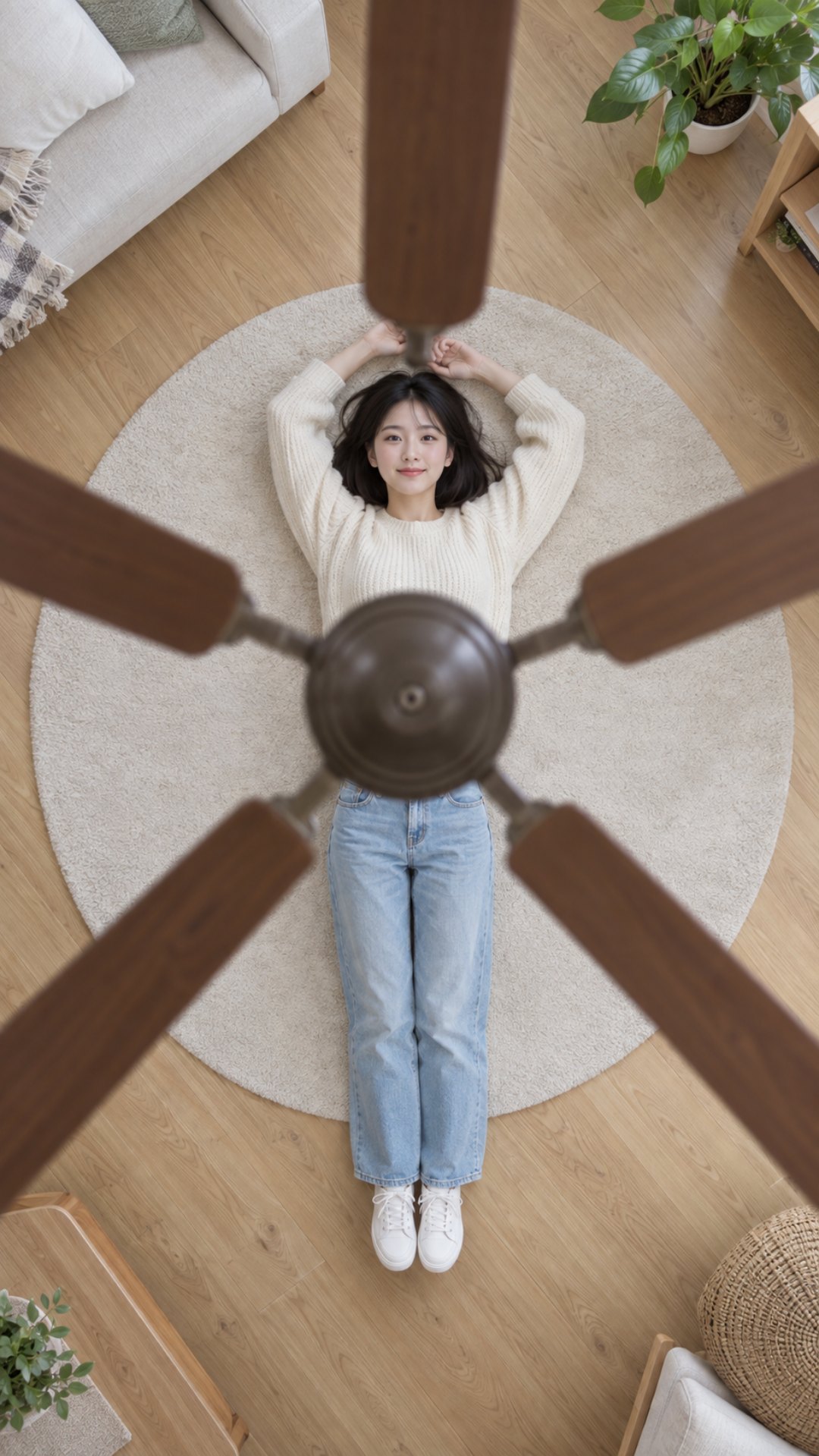 천장에서 내려다본 구도로 나무 바닥의 동그란 크림색 러그 위에 크림색 니트, 연청 바지, 흰 운동화 차림의 지어낸 여성이 두 팔을 머리 위로 올리고 누워 있고, 화면 가운데 허리 위쪽에 나무 날개 다섯 장짜리 선풍기 축이 걸린 첫 프레임 예시