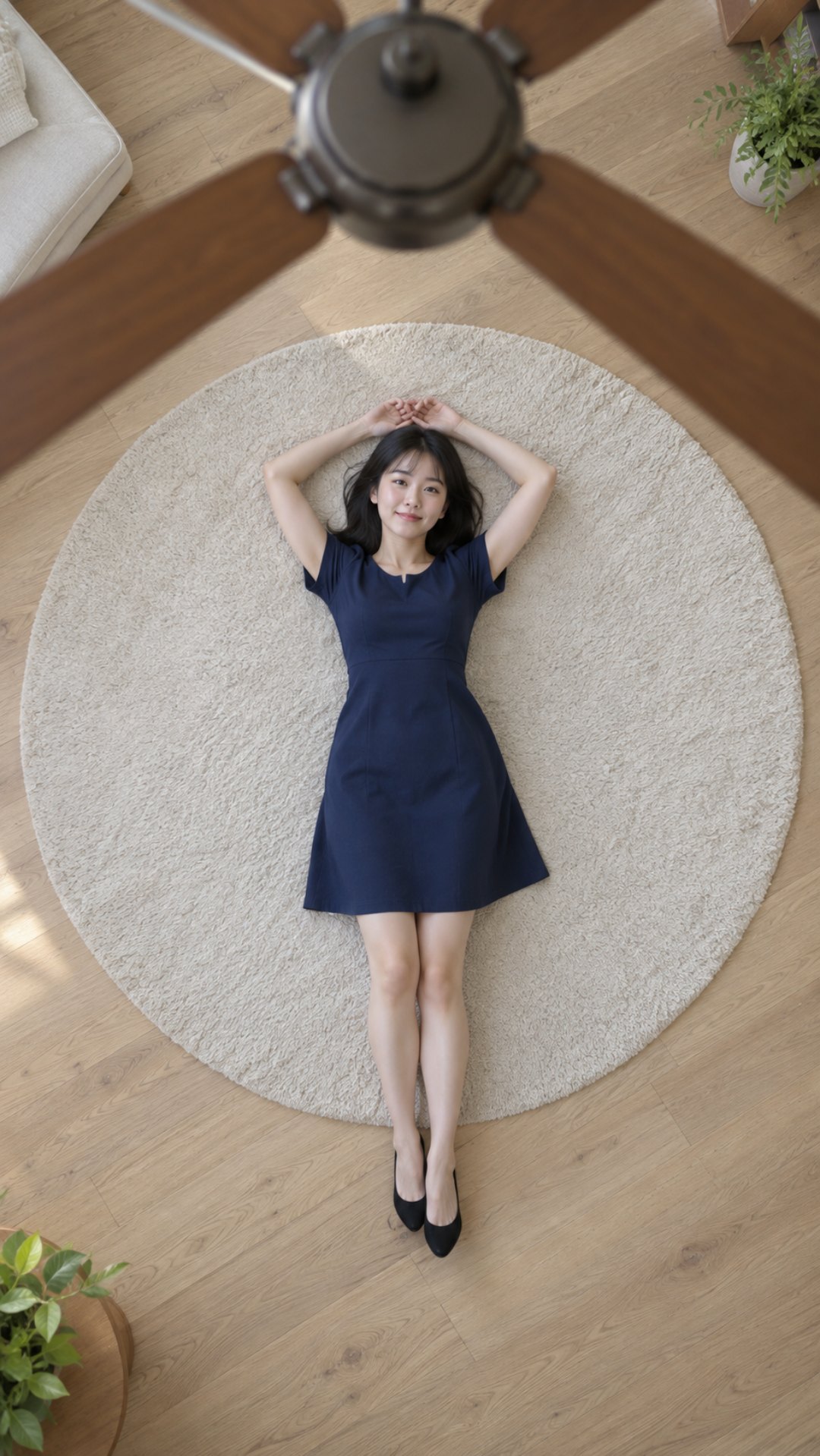 천장에서 내려다본 구도로 같은 지어낸 여성이 남색 반소매 원피스와 검은 구두 차림으로 러그 위에 누워 두 손을 머리 위에 모으고 있고, 선풍기는 화면 위쪽 끝에 축과 날개 일부만 보이는 끝 프레임 예시