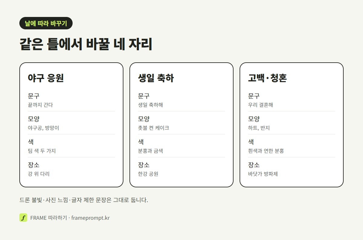야구 응원, 생일 축하, 고백 드론쇼를 만들 때 프롬프트에서 바꿀 문구, 모양, 색, 장소를 세 칸으로 비교한 그림