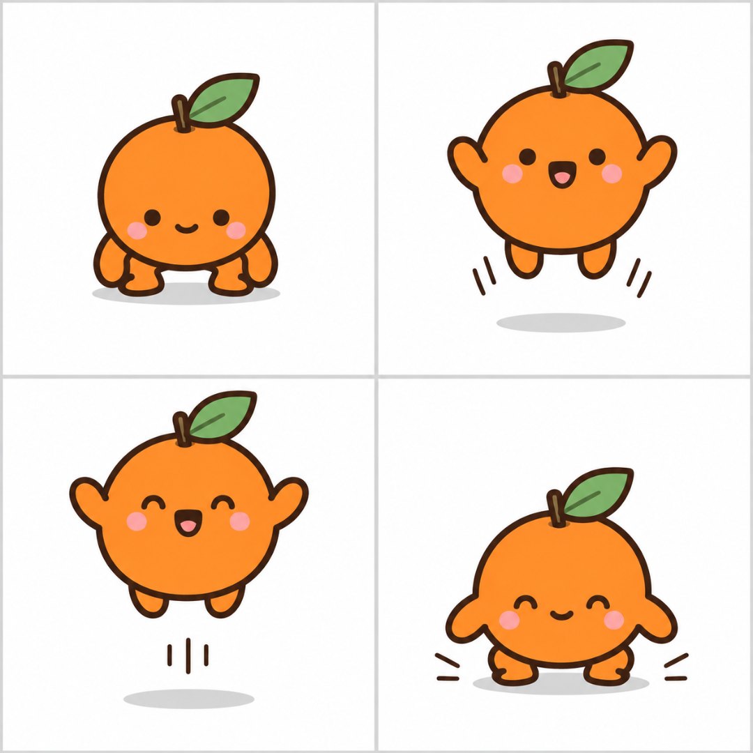 동그란 귤 모양 가상 캐릭터가 웅크리기, 뛰어오르기, 가장 높은 곳, 착지의 네 장면으로 점프하는 모습을 2칸×2칸으로 나눈 그림