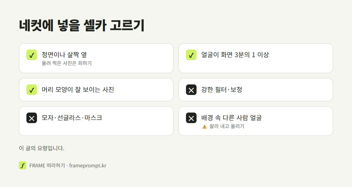 네컷에 넣을 셀카를 고를 때 좋은 사진과 피할 사진을 표시한 확인 목록: 정면, 얼굴 크게, 강한 필터, 가린 얼굴, 배경 속 다른 사람