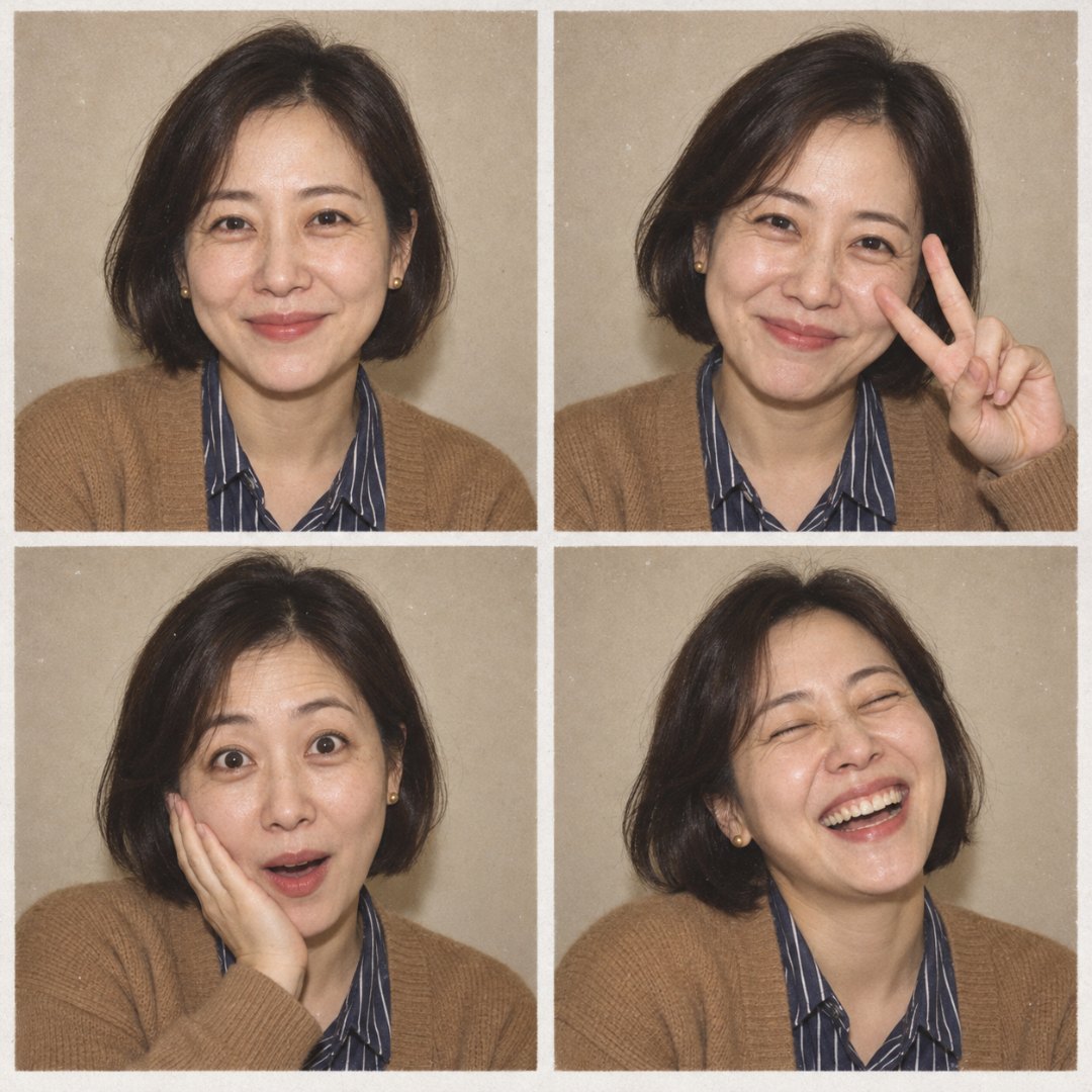 AI가 만든 가상의 30대 중반 단발 여성이 낙타색 카디건과 남색 줄무늬 셔츠 차림으로 베이지 배경 앞에서 살짝 웃기, 손가락 브이, 볼에 손을 대고 놀란 척하기, 눈 감고 크게 웃기를 하는 2×2 네 칸 포토부스 느낌 그림