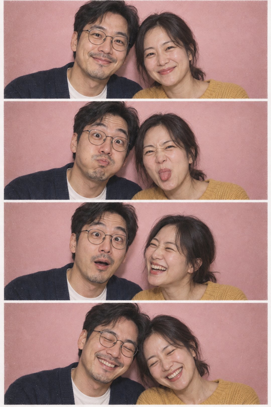 AI가 만든 30대 후반 가상의 두 사람, 안경을 쓰고 남색 카디건을 입은 남성과 머리를 묶고 겨자색 니트를 입은 여성이 분홍 배경 앞 세로 네 칸에서 함께 웃기, 입술·혀 내밀기, 놀란 얼굴과 웃는 얼굴, 머리 맞대고 웃기를 하는 포토부스 띠 느낌 그림