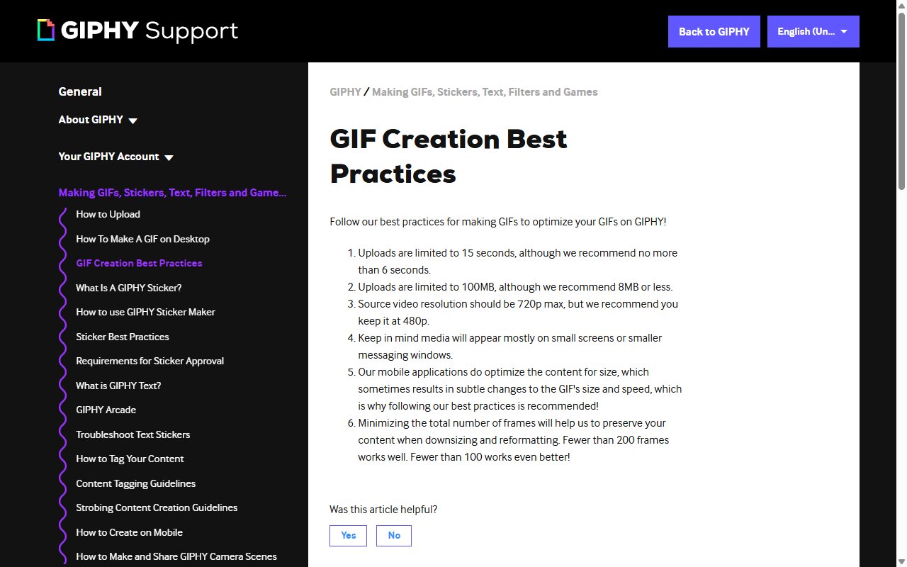 GIPHY 고객센터의 GIF 만들기 권장 사항 페이지 화면, 15초·100MB 한도와 6초·8MB 권장이 보임