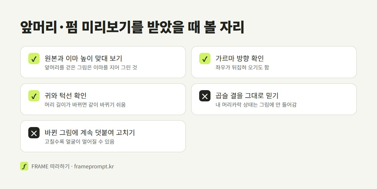 앞머리와 펌 미리보기를 받았을 때 이마 높이, 가르마 방향, 귀와 턱선을 확인하고, 곱슬 결을 그대로 믿거나 바뀐 그림에 계속 덧붙여 고치지는 않는다는 확인 목록