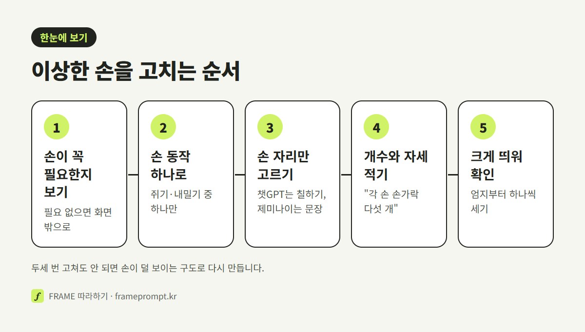 손이 꼭 필요한지 보기, 손 동작 하나로 줄이기, 손 자리만 고르기, 손가락 개수와 자세 적기, 크게 띄워 확인하기의 다섯 단계를 정리한 그림