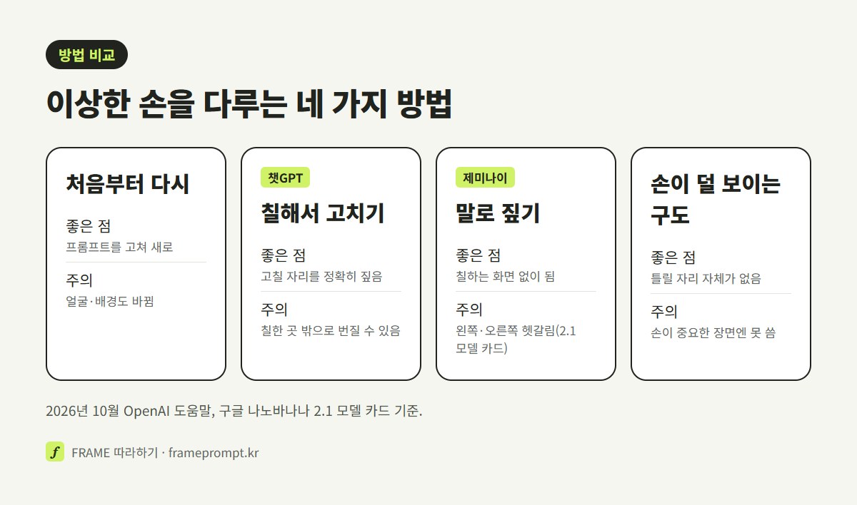 처음부터 다시 만들기, 손만 칠해 고치기, 위치를 말로 짚기, 손이 덜 보이는 구도로 바꾸기 네 가지 방법의 장점과 주의점을 비교한 그림