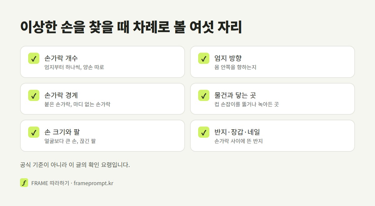 손가락 개수, 엄지 방향, 손가락 경계, 물건과 닿는 곳, 손 크기와 팔, 반지와 장식까지 이상한 손을 찾을 때 볼 여섯 자리를 정리한 확인 목록