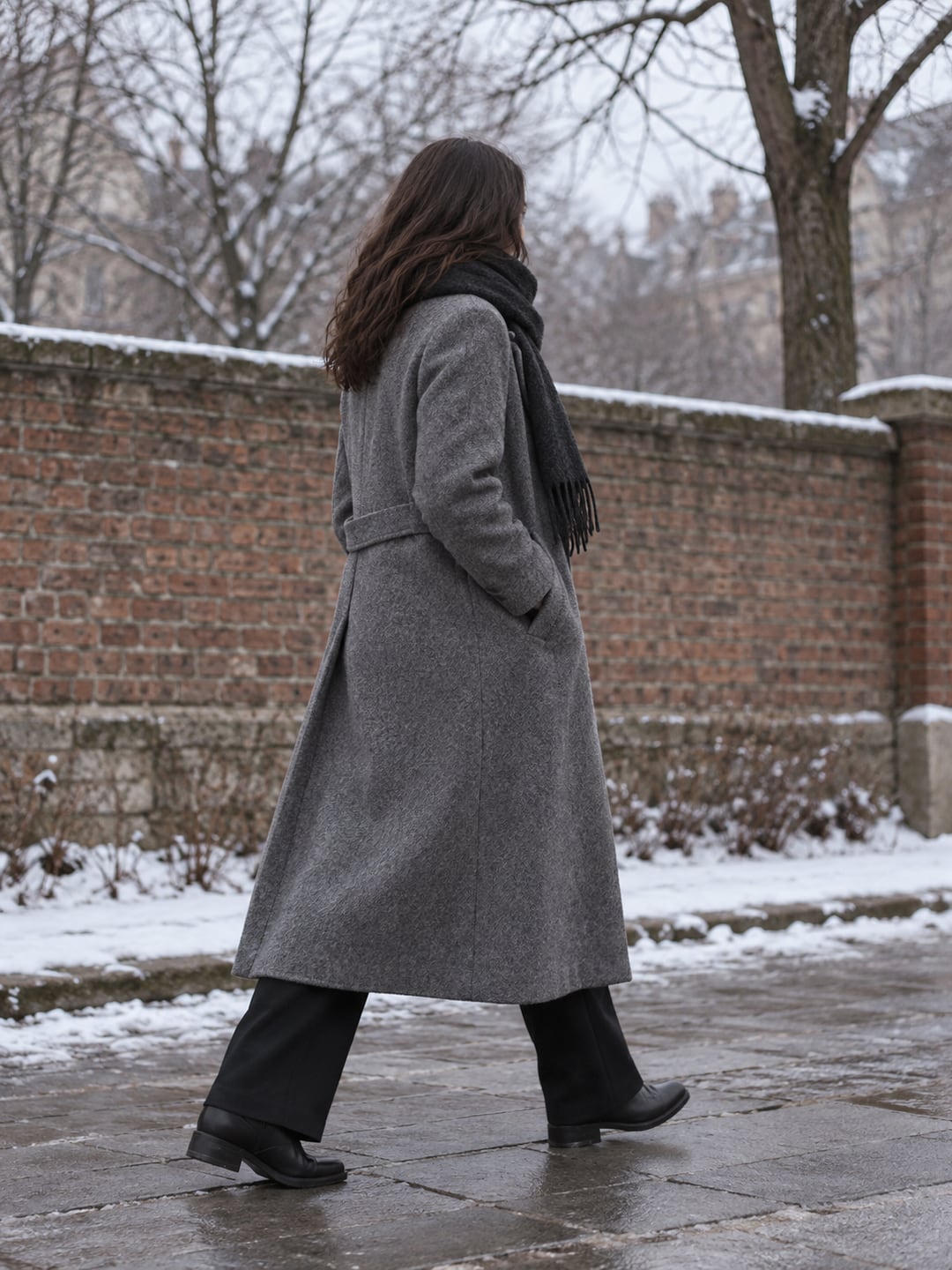눈 쌓인 벽돌담 옆 길을 회색 긴 코트와 검은 목도리 차림의 사람이 오른쪽으로 걸어가는 뒷모습. 손은 코트 주머니에 들어가 손가락이 보이지 않고 얼굴도 보이지 않는다