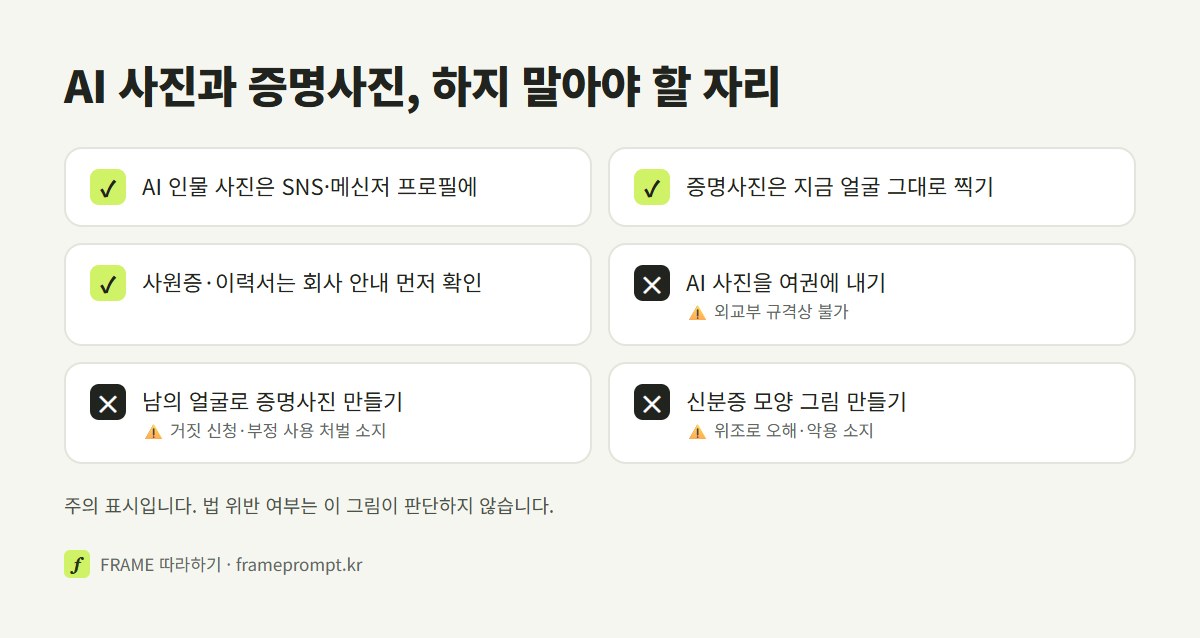 AI 사진을 증명사진으로 쓰기 전에 할 것과 하지 말 것을 표시한 확인 목록