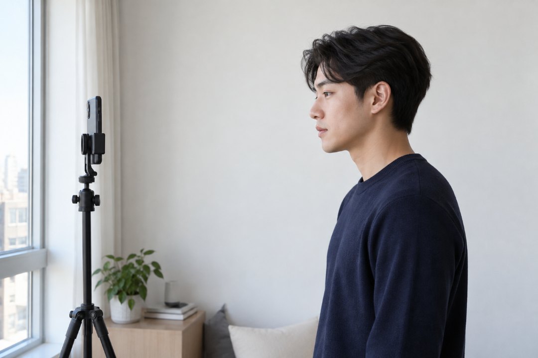 남색 니트를 입은 지어낸 남성이 밝은 방에서 창문 쪽을 보고 서서, 얼굴 높이까지 올린 삼각대 위 휴대폰을 바라보는 모습을 옆에서 본 장면. 뒤로 흰 벽이 있고 구석에 화분과 소파가 보임
