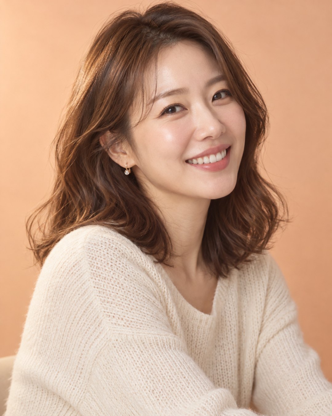 어깨 길이 갈색 웨이브 머리에 크림색 니트를 입은 지어낸 여성이 살구색 배경 앞에 몸을 비스듬히 하고 앉아, 고개를 살짝 기울인 채 이를 드러내 웃는 프로필 사진