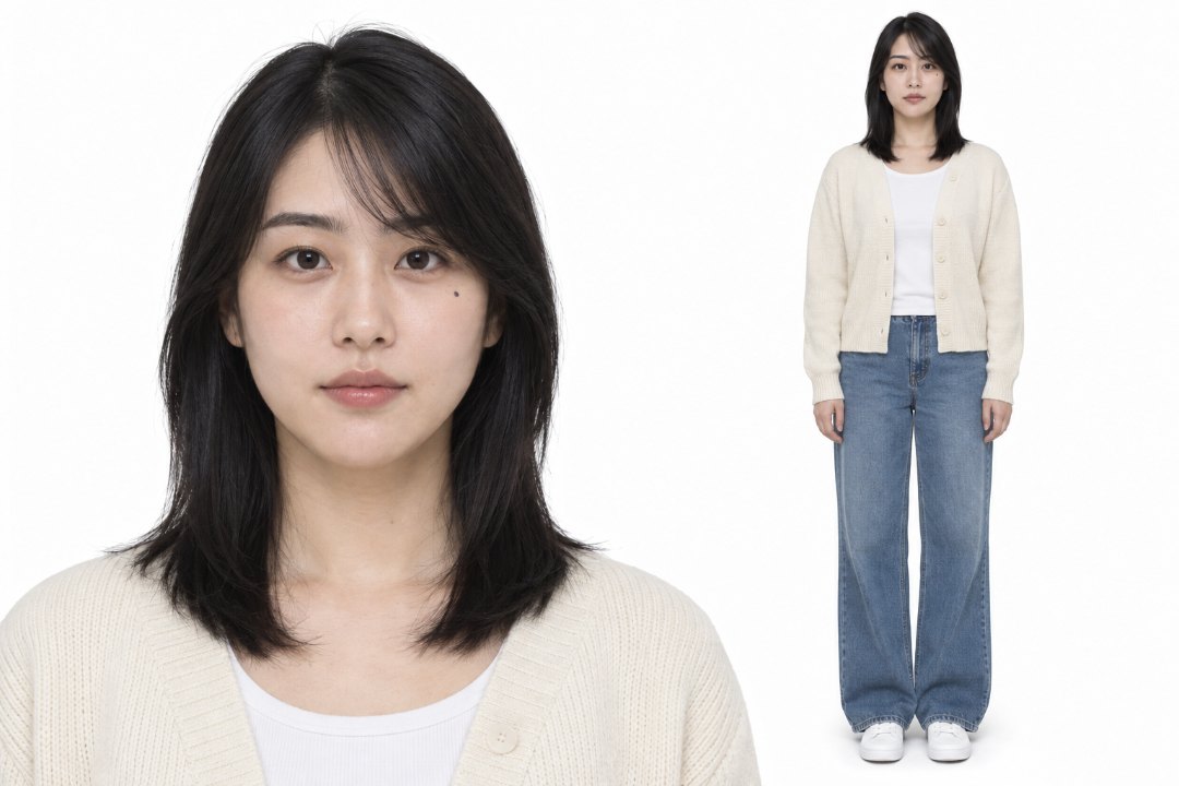 흰 배경 위에 지어낸 20대 후반 여성의 정면 얼굴과 정면 전신을 나란히 놓은 캐릭터 기준 시트, 크림색 니트 카디건과 통 넓은 청바지 차림