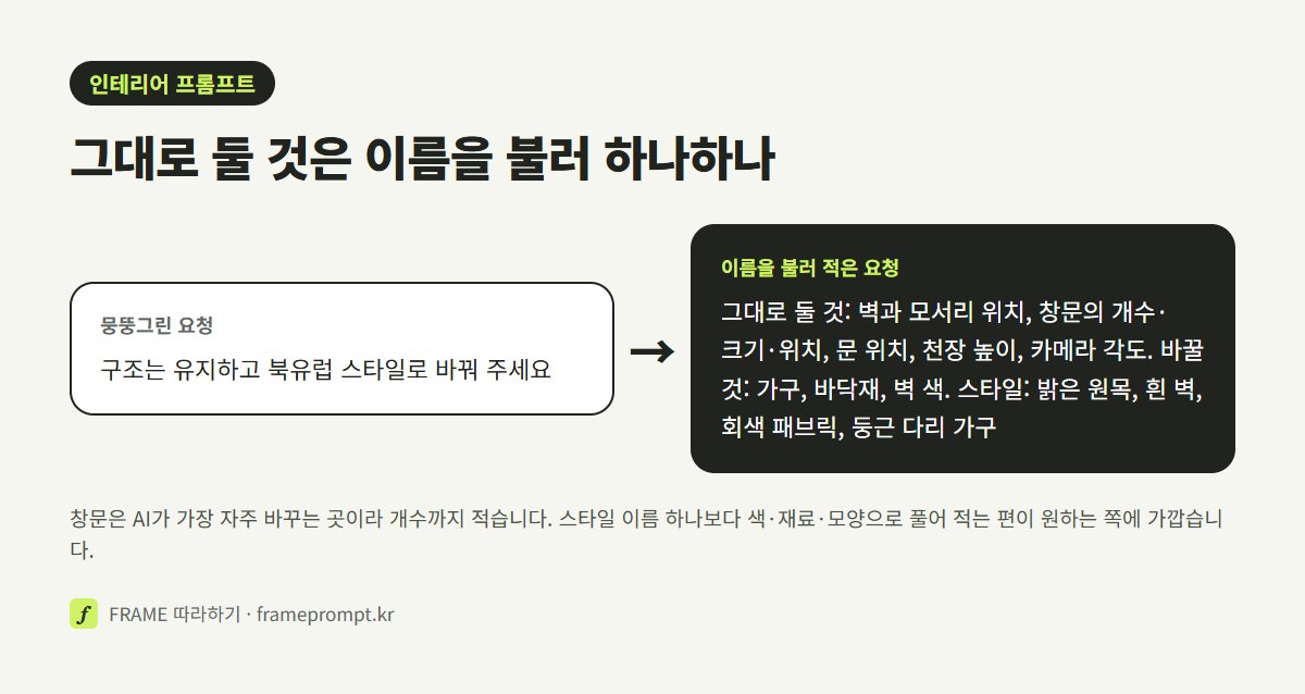 '구조는 유지하고 북유럽 스타일로'라고 뭉뚱그린 요청과 그대로 둘 것과 스타일을 하나하나 적은 요청을 비교한 그림