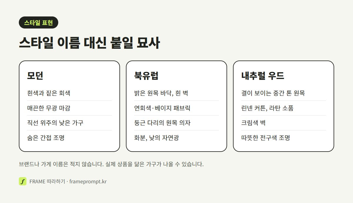 모던, 북유럽, 내추럴 우드 스타일을 색·재료·가구 묘사로 풀어 비교한 그림