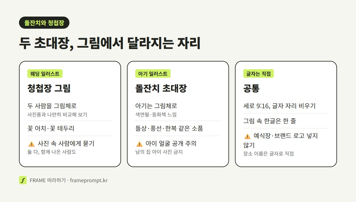 청첩장 그림, 돌잔치 초대장, 공통 항목을 세 칸으로 나눠 그림체와 소품, 주의할 점을 비교한 그림