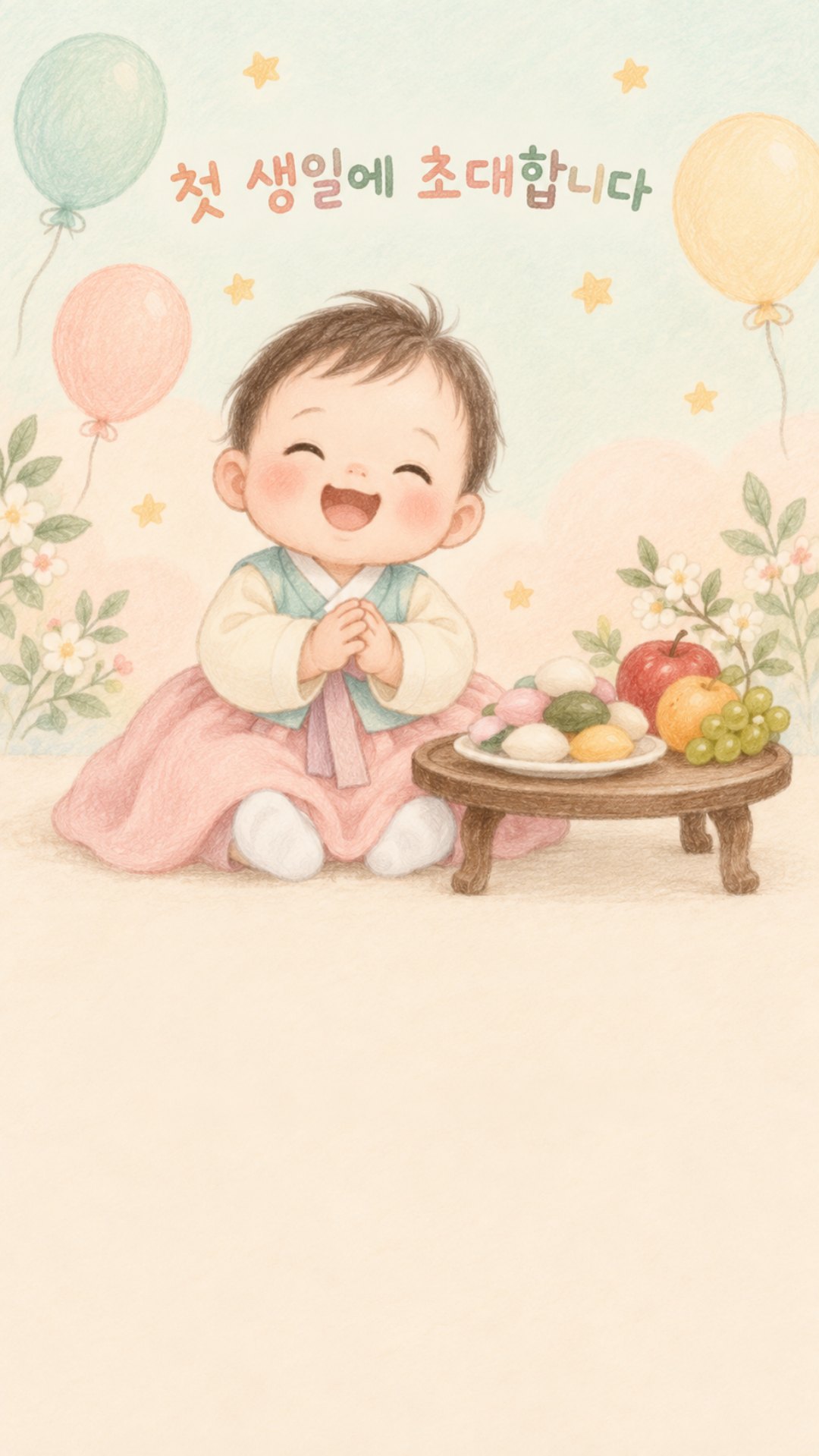 색연필 느낌으로 그린 한복 입은 가상의 아기와 돌상이 있고 맨 위에 첫 생일에 초대합니다라는 한글 제목이 있는 초대장 그림
