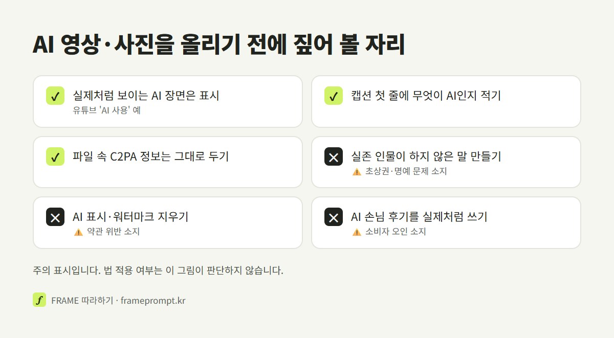 AI 영상·사진을 올릴 때 표시하는 쪽과 표시하지 않아도 되는 쪽, 하지 말아야 할 것을 나눈 확인 목록