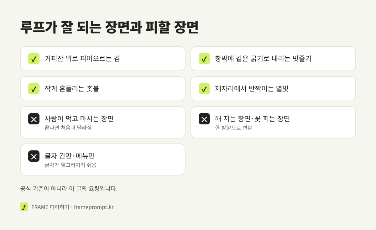 루프로 좋은 장면(김, 빗방울, 촛불, 물결, 구름)과 피할 장면(사람이 먹고 마시는 장면, 해 지는 장면, 꽃이 피는 장면, 글자 간판)을 표시한 확인 목록