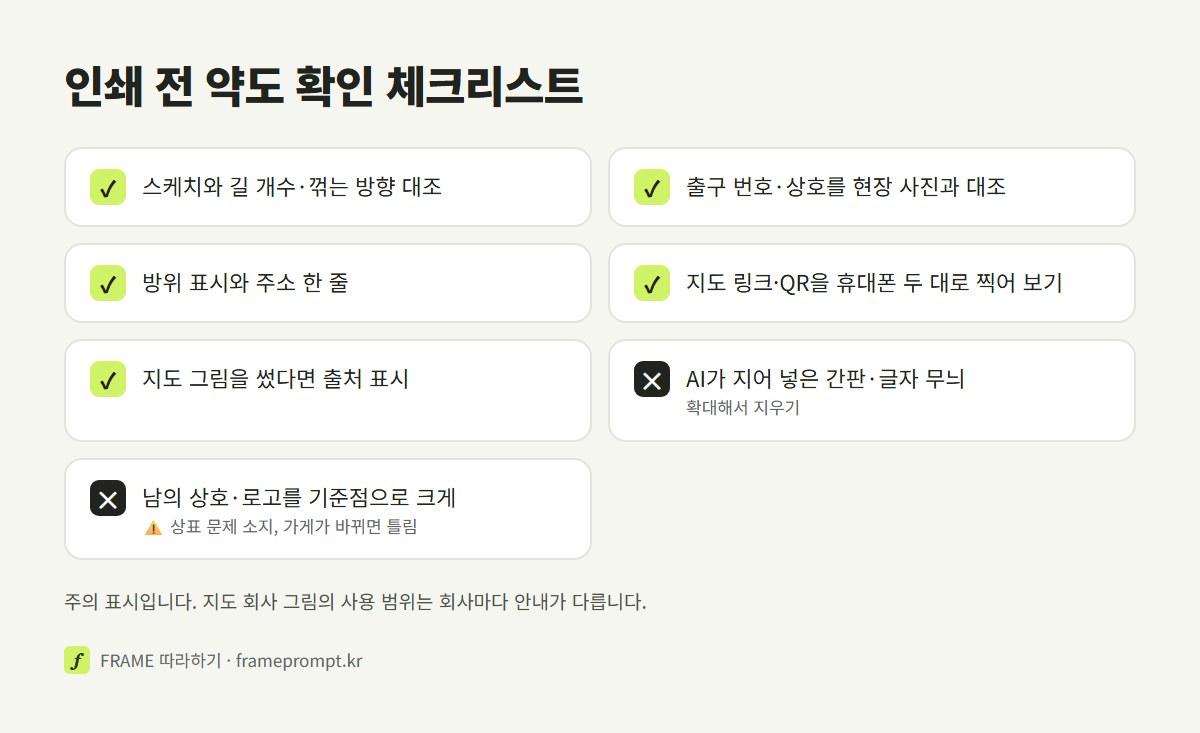길 개수와 꺾는 방향, 출구 번호와 상호, 방위 표시, 지도 출처 표시, 남의 간판, 실제 지도 링크를 인쇄 전에 확인하는 체크리스트 그림