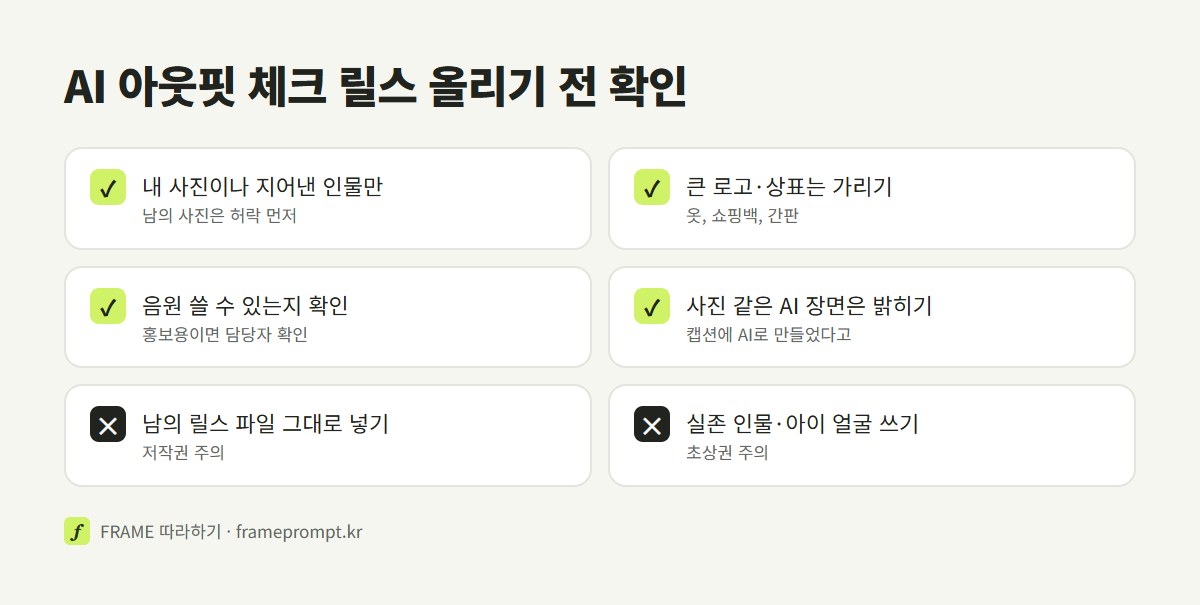 내 사진이나 지어낸 인물만, 로고는 가리기, 음원 조건 확인, AI 사용 밝히기를 할 것으로, 남의 릴스 그대로 따라 만들기와 실존 인물 얼굴 쓰기를 하지 말 것으로 정리한 체크리스트