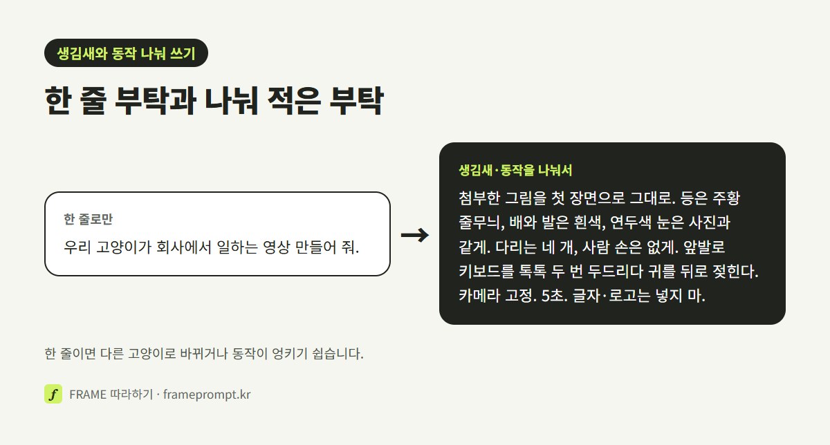 '우리 고양이가 일하는 영상 만들어 줘' 한 줄 프롬프트와, 생김새·바꾸지 말 것·동작 하나를 나눠 적은 프롬프트를 나란히 놓은 그림