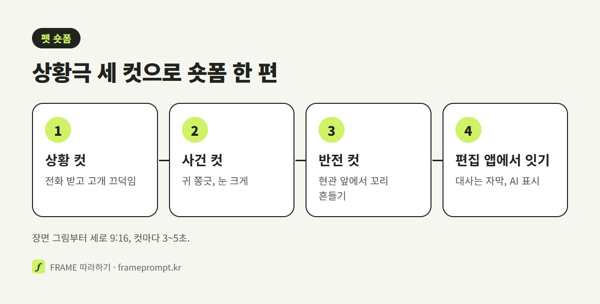 상황 컷, 사건 컷, 반전 컷 세 개를 세로로 만들어 편집 앱에서 자막과 함께 잇는 순서를 나란히 놓은 그림