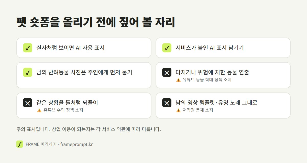 펫 숏폼을 올리기 전에 할 것과 하지 말 것을 표시한 확인 목록