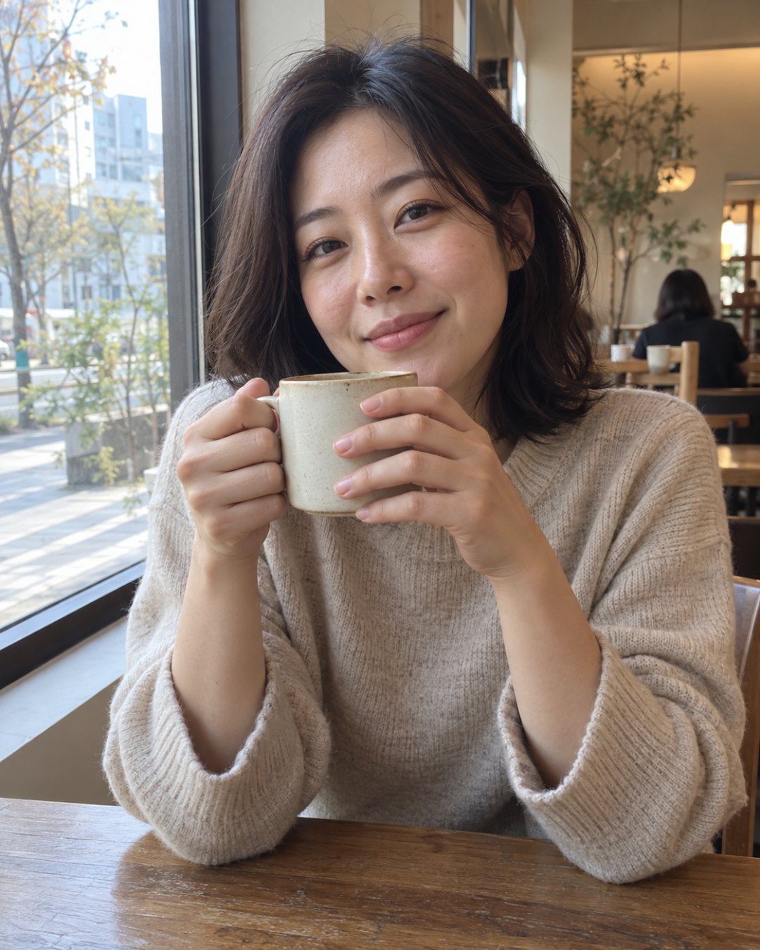지어낸 30대 한국 여성이 카페 창가에 앉아 머그잔을 든 모습을 휴대폰 스냅처럼 만든 AI 그림