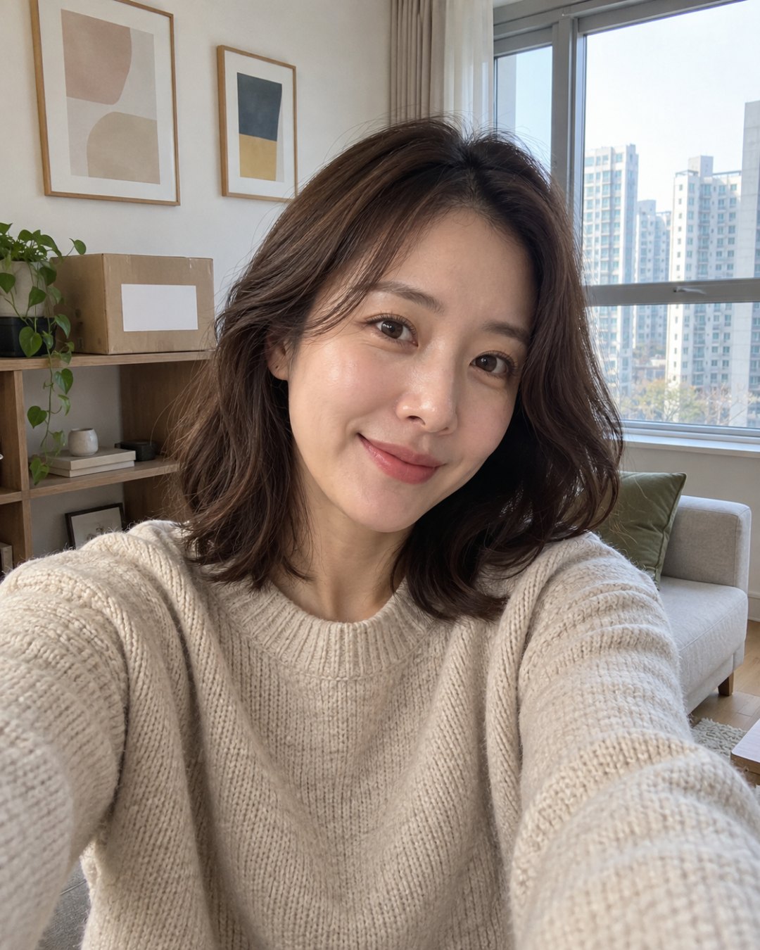 지어낸 30대 여성의 거실 셀카 예시, 뒤로 글자 없는 택배 상자와 창밖 아파트 풍경, 벽의 액자가 함께 보이게 만든 그림