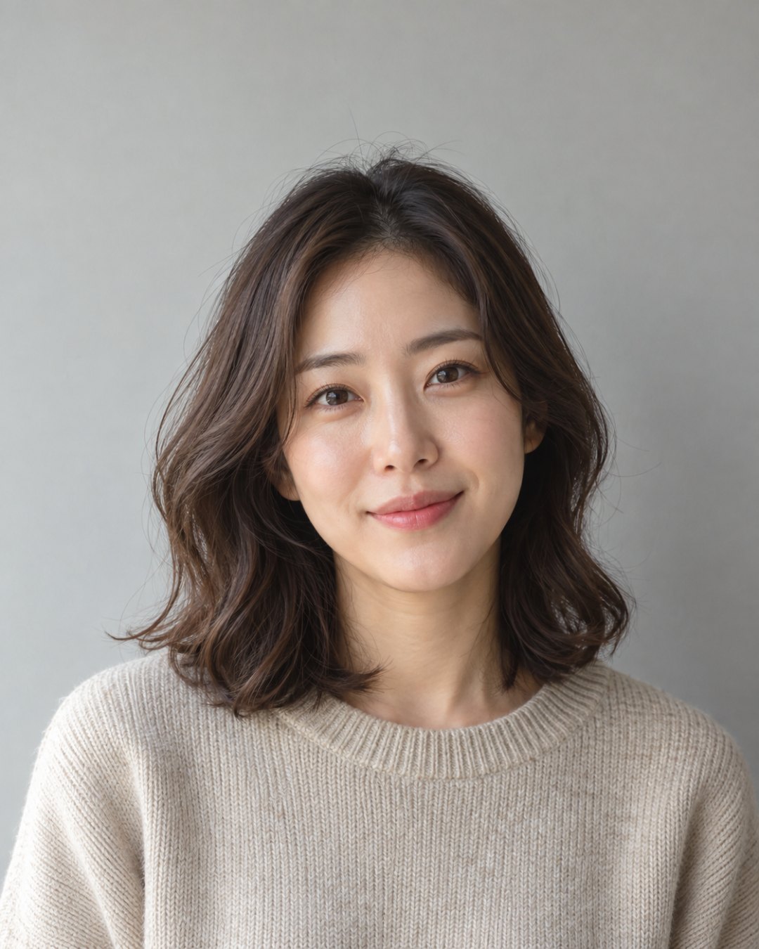 같은 설명의 지어낸 30대 여성을 민무늬 밝은 벽 앞에 세워 얼굴과 어깨만 보이게 만든 그림