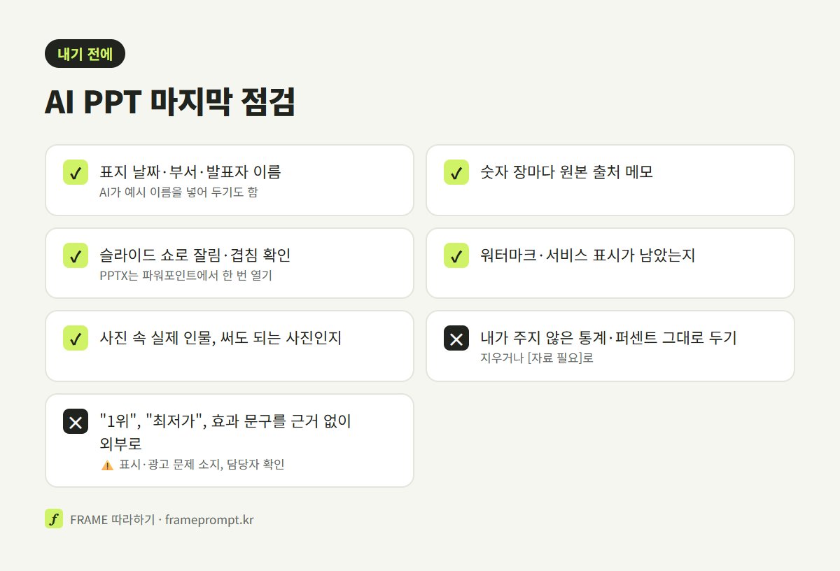 AI로 만든 발표 자료를 내기 전에 확인할 것과 그대로 두면 안 되는 것을 표시한 점검표