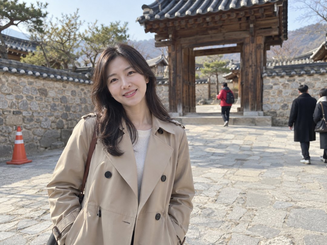 한옥 느낌의 돌마당 앞에 지어낸 30대 여성이 서 있고 뒤로 빨간 옷과 어두운 코트의 행인 세 명이 지나가며 왼쪽 바닥에 주황색 고깔이 놓인 장면을 그리라고 한 프롬프트로 만든 그림