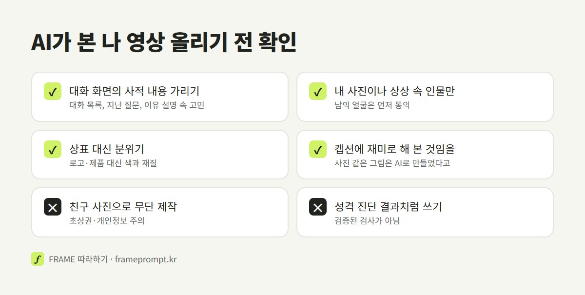 대화 화면의 사적 내용 가리기, 내 사진만 쓰기, 상표 대신 분위기, 재미로 보기를 할 것으로, 친구 사진 무단 사용과 성격 진단처럼 쓰기를 하지 말 것으로 정리한 체크리스트