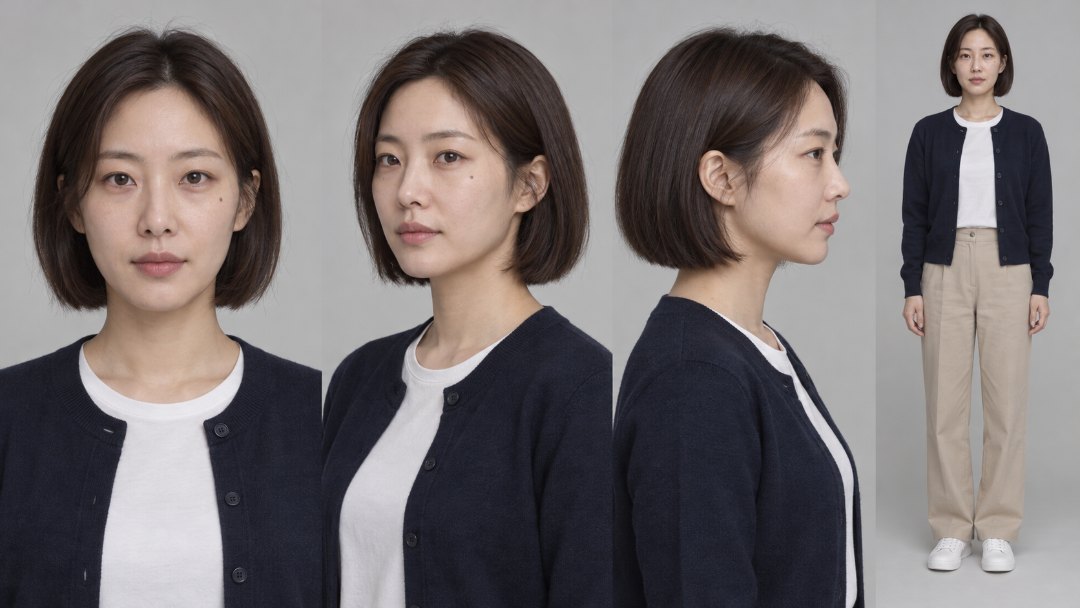 지어낸 30대 초반 여성을 정면, 비스듬한 얼굴, 옆얼굴, 전신 네 방향으로 밝은 회색 배경에 나란히 놓아 달라고 요청한 참조 시트 그림