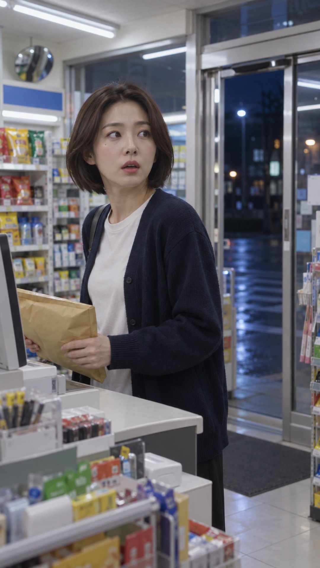 턱선 길이 갈색 단발에 남색 카디건과 흰 티셔츠를 입은 지어낸 여성이 밤 편의점 계산대 앞에서 누런 종이 택배 봉투를 든 채, 입을 벌린 놀란 얼굴로 오른쪽 유리문 쪽을 돌아보는 세로 장면. 유리문 밖은 젖은 밤길