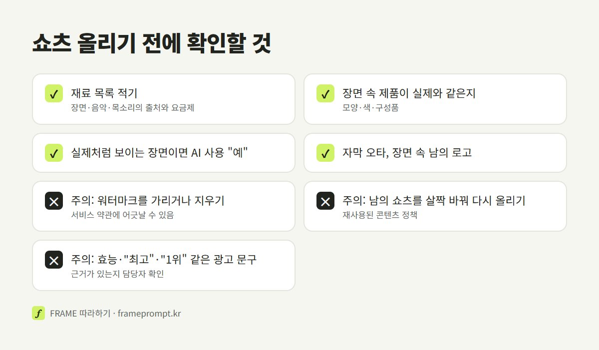 재료 목록, 제품 모양, AI 사용 표시, 자막 확인과 워터마크·재사용 콘텐츠·광고 문구 주의 항목을 담은 체크리스트