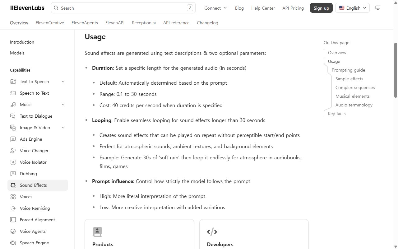 ElevenLabs 효과음 공식 문서의 사용법(Usage) 부분 화면, 길이 0.1~30초와 길이 지정 시 초당 40크레딧, 반복(Looping), 프롬프트 반영 정도(Prompt influence) 설명이 보이는 페이지