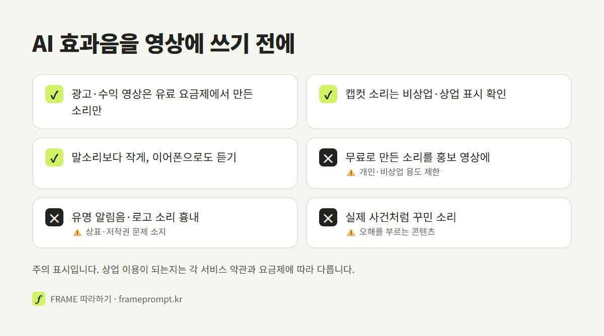 AI 효과음을 영상에 쓰기 전에 할 것과 하지 말 것을 표시한 확인 목록