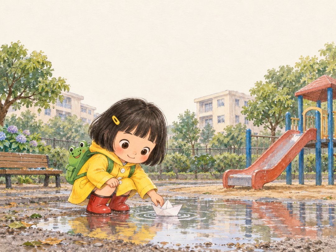 노란 우비에 빨간 장화, 개구리 가방을 멘 봄이가 비 갠 아파트 놀이터 물웅덩이 가장자리에 쪼그려 앉아 흰 종이배를 띄우는 그림책 한 쪽. 뒤로 미끄럼틀과 젖은 나무, 아파트가 있고 위쪽 하늘은 비어 있음