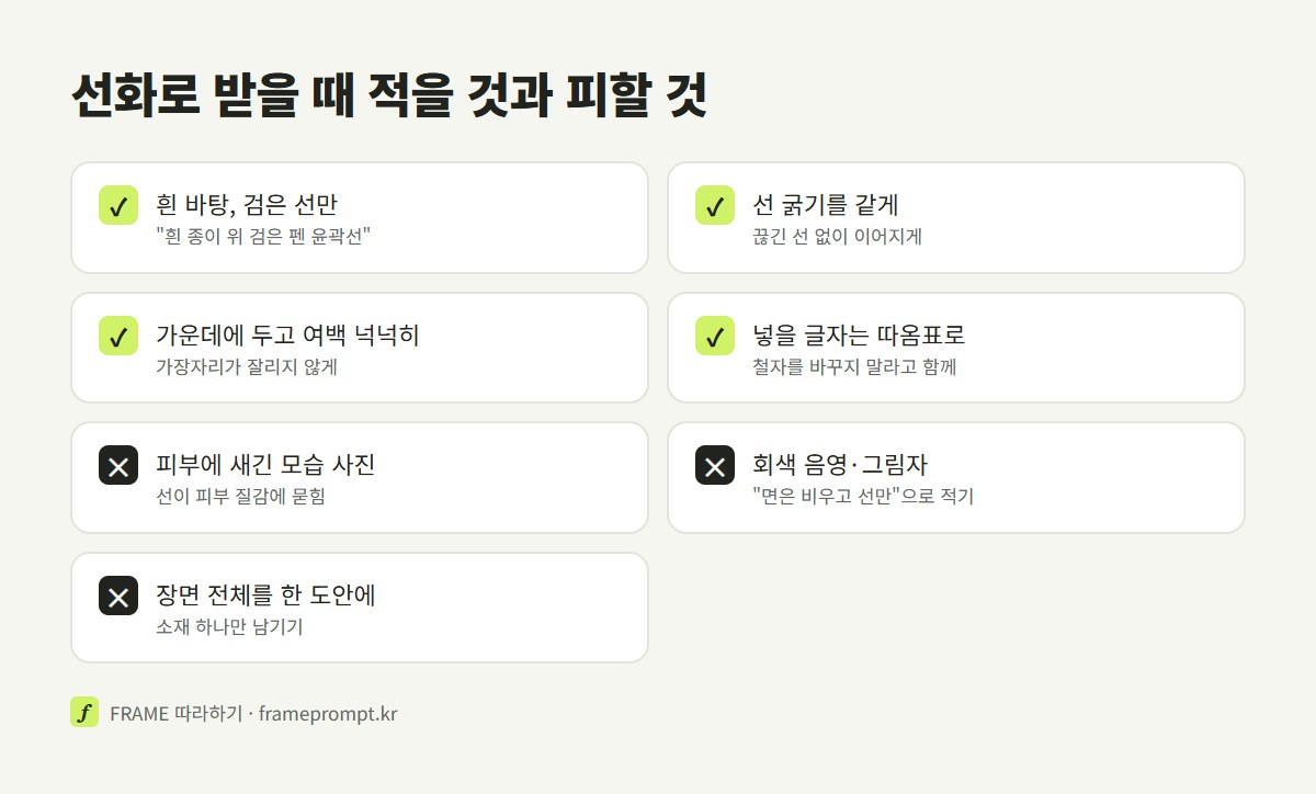 흰 바탕 검은 선, 선 굵기 일정, 그림 가운데 여백, 글자는 따로 적기 같은 할 것과, 피부 위 합성 사진·회색 음영·잘린 가장자리 같은 하지 말 것을 표시한 확인 목록