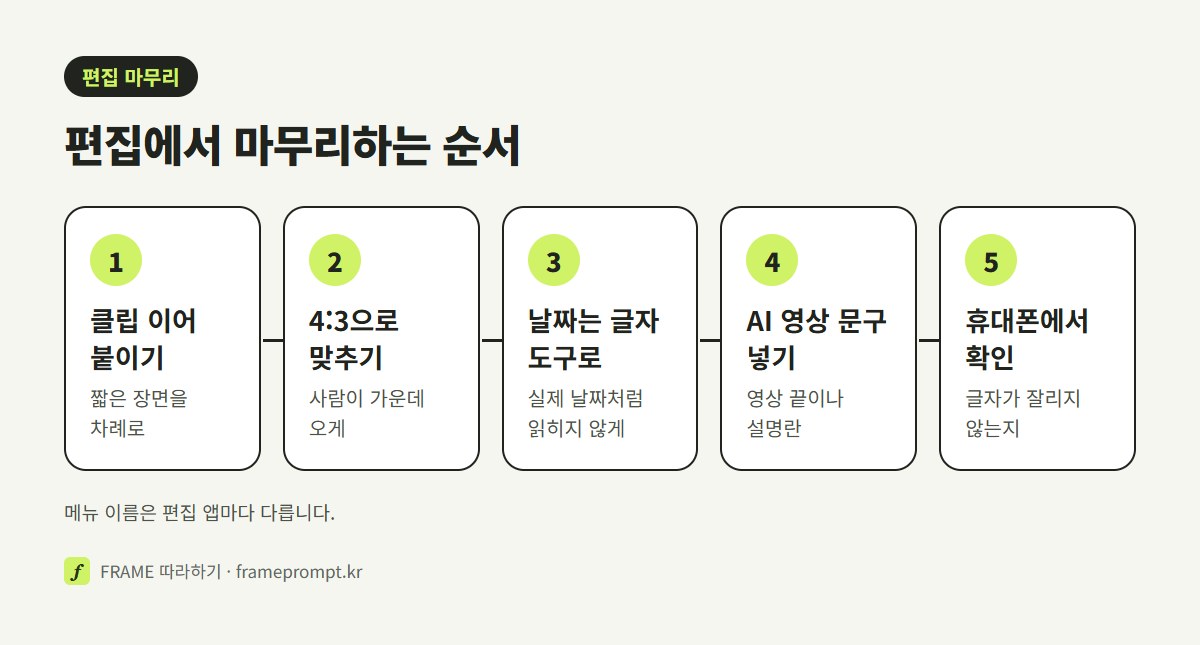클립 이어 붙이기, 4:3으로 맞추기, 날짜 글씨는 글자 도구로, AI로 만든 영상 문구 넣기, 휴대폰에서 확인하기의 편집 마무리 다섯 단계 그림