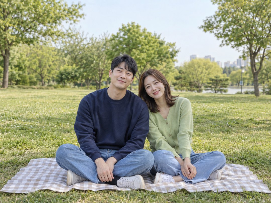 지어낸 30대 부부가 공원 잔디 위 돗자리에 앉아 웃고 있는, 요즘 휴대폰 사진처럼 선명한 소풍 사진 예시