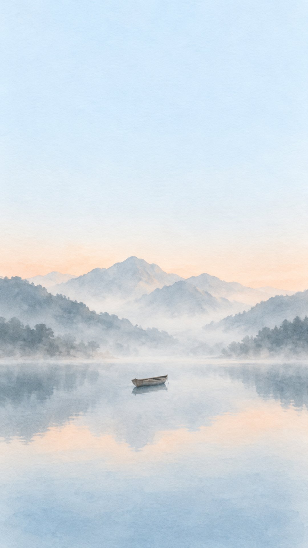 세로 화면의 위쪽 절반쯤은 옅은 하늘색으로 비어 있고, 가운데에 복숭아빛 새벽 하늘 아래 안개 낀 산, 그 아래 잔잔한 호수 가운데에 작은 나무 배 한 척이 떠 있는 수채화 잠금화면 그림