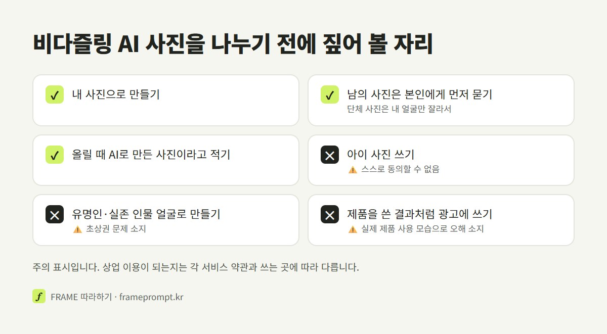 비다즐링 AI 사진을 올리기 전에 할 것과 하지 말 것을 표시한 확인 목록