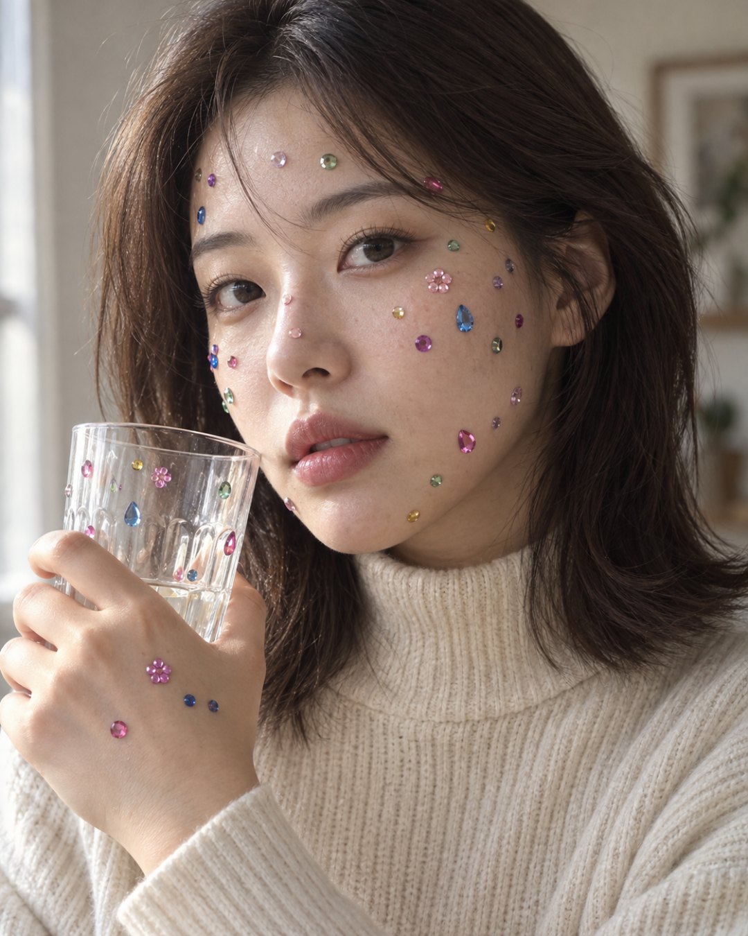 지어낸 20대 여성의 얼굴과 손등, 손에 든 유리컵에 여러 색의 보석 스티커를 35개 안팎으로 붙이고 니트와 머리카락에는 붙이지 않도록 한 프롬프트로 만든 그림