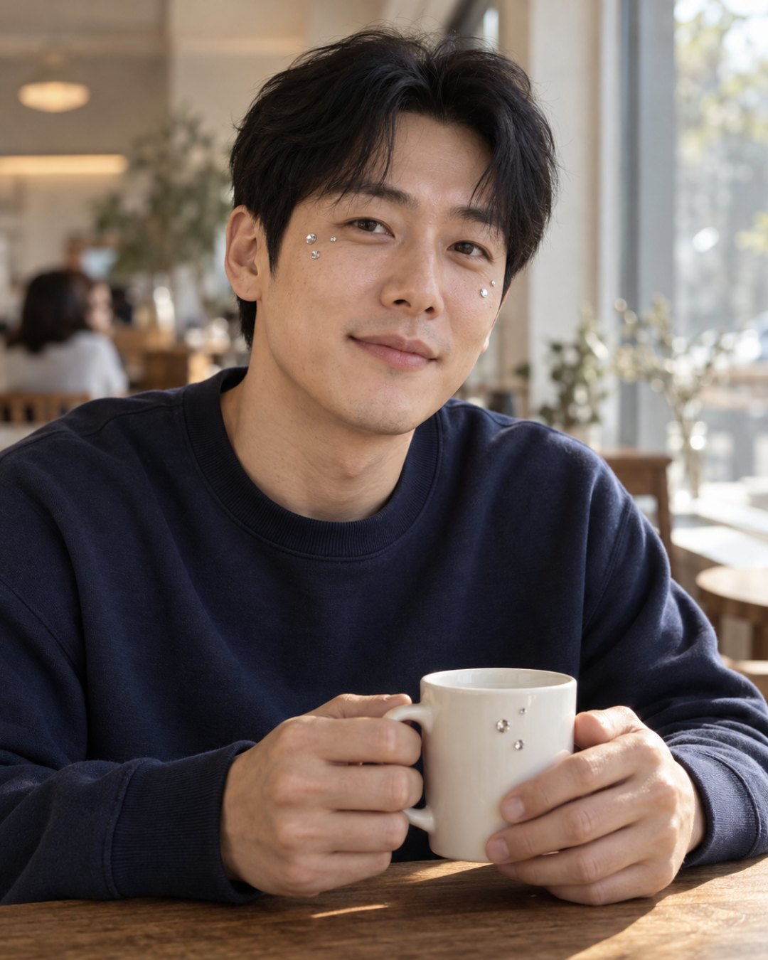지어낸 30대 남성의 눈꼬리 바깥과 광대, 손에 든 머그잔에 은색과 투명 보석 스티커를 8개 안팎으로 붙이도록 한 프롬프트로 만든 그림
